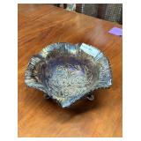 Floral black amethyst carnival glass footed bowl
