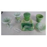 Green & White slag glass art deco urns, trinkets,