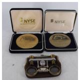 Two NYSE celebrtory tokens & opera glasses in leat