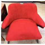 MCM red velvet arm chair with brass tacking and ar