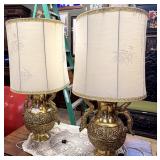 Pair brass Chinese dragon lamps with bamboo painte