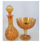 Carnival Glass pedestal bowl and grape motif stopp