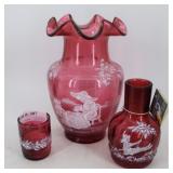 Fenton Cranberry ruffletop vase with Mary Gregory