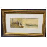 L. Stephens Creek side watercolor in ornate gold f