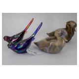 Pair Fenton iridescent birds & Imperial slag glass