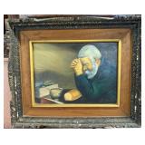 Signed painting on canvas grey hair bearded man at