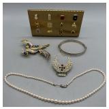 Mikimoto pearl necklace, sterling bracelet, brooch