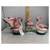 Two California pottery flamingo on nests & Florida