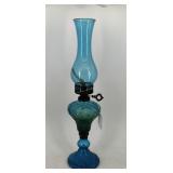 Blue molded oil lamp with matching shade - 19" ove