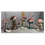 Five porcelain flamingo figures: 4 feeding and 1 s