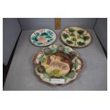 Three Majolica plates incl Doghouse, Maple leaf, a