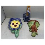 Three wall pockets incl peacock, pinecones, and pa
