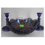 Imperial glass cobalt iridescent candlestick pair
