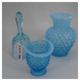 Three pc Fenton aqua blue hobnail: toothpick holde