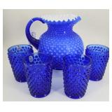 Fenton Cobalt hobnail pitcher and 4 water glasses