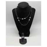 14kt jet bead necklace & 14kt aquamarine & diamond