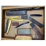 Six assorted straight razors with horn, Bakelite a