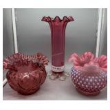 Three cranberry art glass pcs incl ruffletop hobna