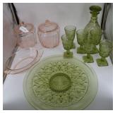 Pink and Green depression glass shelf lot incl pla