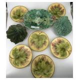 Majolica Fern plate, porcelain cabbage rest,