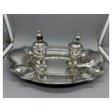 Sterling oval tray & pair weighted salt & pepper -