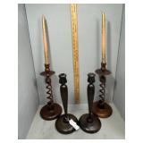 Two pairs wood carved candlesticks - 14" & 20" H