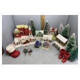 Christmas buildings, trees, and boots vintage piec