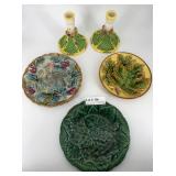Three Majolica plates & pair Italian porcelain can