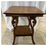 Oak lamp table -24" x 24" w/ undershelf & fretwork