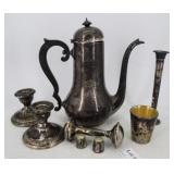 Weighted Sterling lot: teapot, shot glass, rattle+