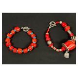 Red Coral Beads Bracelet Lot SE 925 Charm & Coins