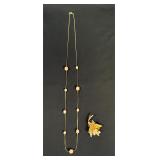 Gold Tone/Faux Pearl Necklace & Corocraft Brooch