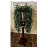 Wooden Plant Stand & Artificial Plant in Brass Pot