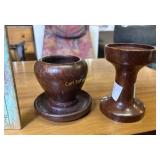 LOT SMALL TURNED REDWOOD BURL VASE & CANDLEHOLDER