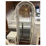 PAIR OF WHITE WICKER BOOKCASES W/ GLASS SHELVES