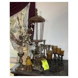 GROUP OF METAL AND WOOD CANDLE HOLDERS