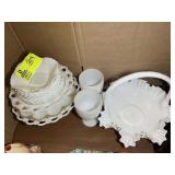 GROUP OF ASSORTED MILK GLASS BASKETS, BOWLS, ETC
