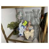 SHELF WITH ASSORTED GLASS VASES AND CANDLE HOLDERS
