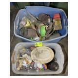 TWO TOTES OF ASSORTED HOME GOODS, FIGURINES, SIFTE