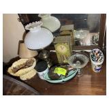 CONTENTS ON TOP OF DRESSER, LAMP, DECORATIVE BOWLS
