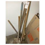 GROUP OF HAND TOOLS, SHOVELS, BUSH AX, RAKE
