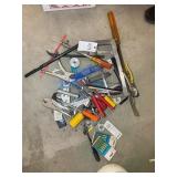 BUCKET WITH MISC PRY BARS, SAWS, SNIPS, VISE GRIPS