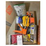 BOX CONTAINING MISC TOOLS INCLUDING, DUST MASK, MI