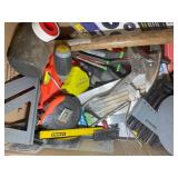 BOX CONTAINING MISC HAND TOOLS, MALLET, SQUARE, TA