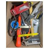 BOX CONTAINING MISC HAND TOOLS, SHARPENING STONE,