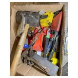 BOX CONTAINING MISC HAND TOOLS, MALLET, SQUARE, TA