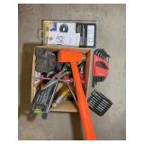 BOX CONTAINING MISC HAND TOOLS, TAPE MEASURE, LEVE