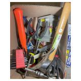 BOX CONTAINING MISC HAND TOOLS, SHARPENING STONE,