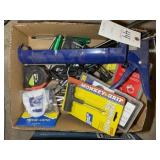 BOX OF MISC TOOLS INCLUDING TAPE MEASURE, PLYERS,