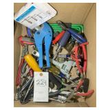 BOX OF MISC HAND TOOLS INCLUDING, WRENCHES, PLYERS